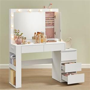 VASAGLE Toeletta da Trucco con Luce LED, Postazione Trucco con Specchio, Armadietto Portagioielli, Stazione di Ricarica, 40 x 125 x 140 cm, con Cassetti, Moderno, Bianco Nuvola RDT127W01