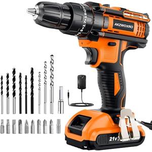 AKZWOXRO Trapano Avvitatore Batteria 21V, Avvitatore a Batteria con Batterie da 2.0Ah, 42N.m di Coppia, 2 Velocità, 25+3 Coppia, 22 Accessori, Luce a LED, Per il fai da te, in Casa e Giardino