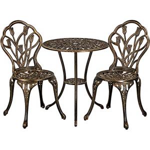 Yaheetech Set di Tavolo e Sedie da Giardino Set Mobili 2 Sedie 3 Pezzi Bistrò Veranda Balcone Motivo a Tulipano Lega di Alluminio Bronzo