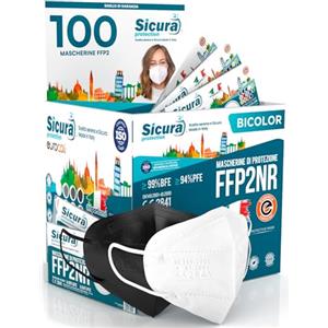 SICURA MASCHERINE CHIRURGICHE 100 Mascherine FFP2 NERE e BIANCHE Certificate CE Made in Italy SICURA Protection BFE ≥99% Mascherina ffp2 vera Marcatura EFFETTO PULITO EN 149:2001+A1:2009