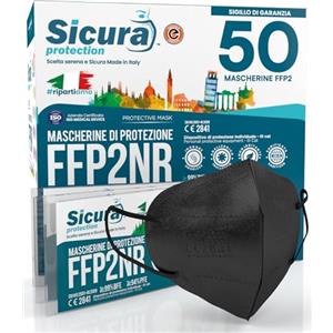 SICURA MASCHERINE CHIRURGICHE 50 Mascherine FFP2 Certificate CE nere Made in Italy con Elastici Neri logo SICURA impresso BFE ≥99% Mascherina ffp2 italiana SANIFICATA e sigillata