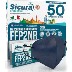 SICURA MASCHERINE CHIRURGICHE 50 Mascherine FFP2 Certificate CE BLU con Elastici Neri SICURA logo impresso BFE ≥99% Made in Italy Mascherina ffp2 SANIFICATA e sigillata singolarmente