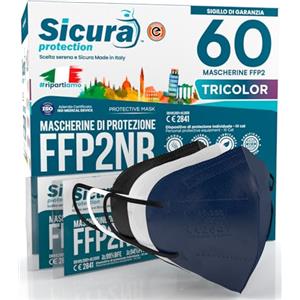 SICURA MASCHERINE CHIRURGICHE 60 Mascherine FFP2 Certificate CE Colorate Nere Bianche e Blu (20+20+20) Made in Italy SICURA Protection BFE ≥99% Mascherina FFP2 vera Marcatura EFFETTO PULITO