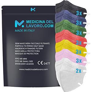 medicinadellavoro.com 20 Mascherine FFP2 Colorate Mix Taglia Piccola Small Size Certificate CE 0477 Italia, Mascherina 4 Strati, Maschera Facciale Certificata e Sanificata, Face Mask con PFE>94% 20 Pezzi - Made in Italy