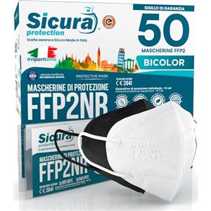 SICURA MASCHERINE CHIRURGICHE 50 Mascherine FFP2 Certificate CE Nere e bianche Made in Italy logo SICURA impresso BFE ≥99% Mascherina ffp2 italiana SANIFICATA e sigillata. Pluri certificata contiene 25 Nere + 25 Bianche