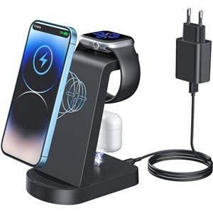INNISTO Caricatore Wireless,INNISTO 3 In 1 Caricabatterie Wireless Induttiva Compatibile Con iphone 14 13 12 11 Pro Max/Xs/Xr/X, iwatch Ultra 8 7 6 5 4 3 2 SE, Airpods Pro/3/2/1 Con 18W Adattatore