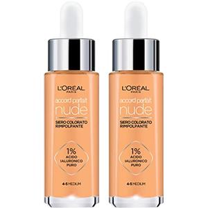 L'OREAL PARIS L'Oréal Paris Accord Parfait Nude Siero Colorato Rimpolpante Colore 4-5 Medium Formula con 1% Acido Ialuronico Puro Idratante Anti-Age per Pelli Sensibili - 2 Cosmetici