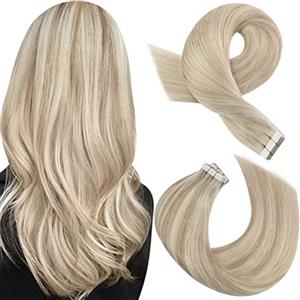 Moresoo Extension Capelli Veri Biadesivo Remy 20 Pezzi Lisci Extension Biadesive Capelli Veri Lisci Biondo Cenere con Biondo Candeggina #P18/613 25 cm 30g