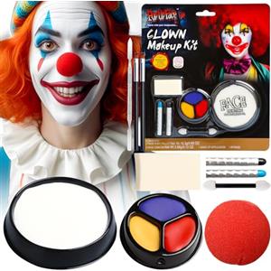 SEO-FANALLY Trucchi Clown Halloween Make up Bambini Adulti, Trucco Bianco per Viso Halloween, Truccabimbi Fondotinta Bianco Halloween, Trucco da Clown: Naso da Clown Rosso, Truccabimbi Bianco, Trucco a Tre Colori