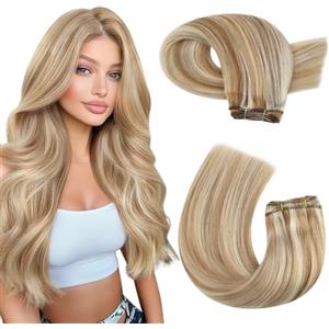 Moresoo Extension Capelli Veri Tessitura Marrone Medio con Biondo Platino Remy Extension Tessitura Capelli Veri Invisibili 55 cm 100g #P6/60