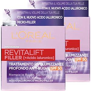 L'OREAL PARIS L'Oréal Paris Revitalift Filler Crema Giorno Trattamento Rivolumizzante Profondo Antirughe Protezione SPF50 con Acido Ialuronico Micro-Filler - 2 Barattoli da 50ml