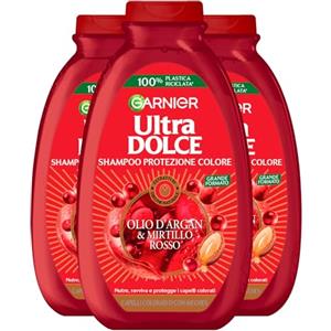 Garnier Ultra Dolce Shampoo Protezione Colore per Capelli Colorati o con Meches Olio d'Argan e Mirtillo Rosso Nutriente Ravvivante Protettivo con Estratti di Origine Naturale - 3 Flaconi da 400ml