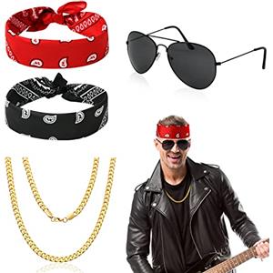 Aomig Accessori Anni 70, 4 Pz Set di Accessori Anni '70 Cosplay Anni '80, con Bandana Anni 70, Hip Hop Collana, Occhiali da Sole, Set Accessori Rapper per Halloween, Carnevale, Festa