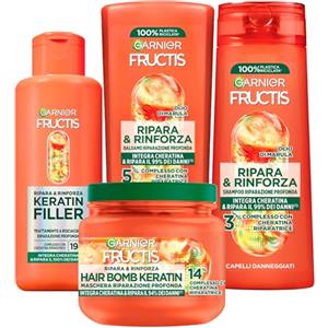 Garnier Fructis Ripara e Rinforza Keratin Filler Trattamento Cheratina Riparatrice 200ml + Balsamo Riparazione Profonda 200ml + Shampoo Capelli Danneggiati 250ml + Hair Bomb Keratin Maschera 320ml