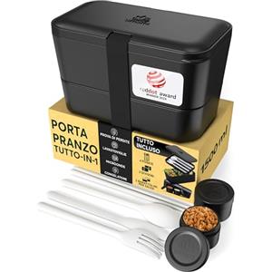 Umami Porta Pranzo Lunch Box Impilabile Con 4 Scomparti E Posate, Sicuro Per Microonde, Lavastoviglie, Portapranzo Ufficio, Bento Lunchbox Ermetico Per Adulti, Schiscetta Pranzo, Onice Nero,1500 ml