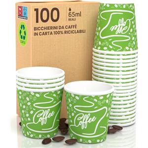 Eurocali 100 Bicchierini in Carta da caffè CoffeeGreenCUP Bicchieri Ecologici Biodegradabili Monouso Piccoli Asporto Bevande Calde 65 ml