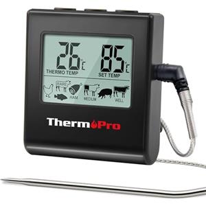 ThermoPro TP16B Termometro da Cucina Digitale Con Ampio Display LCD Per Affumicatori, Forno da Cucina, Barbecue, Grill Termometro Con Timer E Sensore Di Temperatura In Acciaio Inox