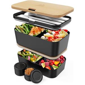 Umami Porta Pranzo Lunch Box Impilabile Con 4 Scomparti E Posate, Sicuro Per Microonde, Lavastoviglie, Portapranzo Ufficio, Bento Lunchbox Ermetico Per Adulti, Schiscetta Pranzo, Faggio Nero, 1500 ml