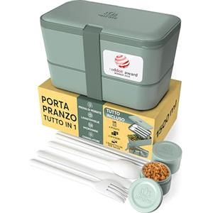 Umami Porta Pranzo Lunch Box Impilabile Con 4 Scomparti E Posate, Sicuro Per Microonde, Lavastoviglie, Portapranzo Ufficio, Bento Lunchbox Ermetico Per Adulti Schiscetta Pranzo, Ardesia Verde, 1500 ml