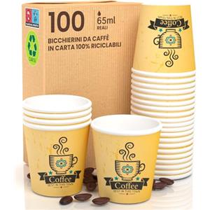 Eurocali 100 Bicchierini in Carta per caffè 65ml CuzcoYellowCUP Bicchieri Ecologici Biodegradabili Monouso Piccoli Asporto Bevande Calde