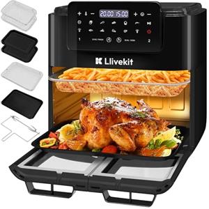 LLIVEKIT 15L Friggitrice ad Aria Calda 2 Camere, 12 in 1 Airfryer Dual Zone, con 8 Accessori, 90% di Olio in Meno, SYNC FINISH & DUAL COOK, Funzione di rotazione, 2600W, Friggitrice ad Aria Calda XXL