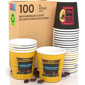 Eurocali 100 Bicchierini in Carta per caffè 65ml ArcadeCUP Bicchieri Ecologici Biodegradabili Monouso Piccoli Asporto Bevande Calde