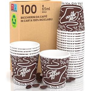 Eurocali 100 Bicchierini in Carta per caffè 65ml BrownCUP Bicchieri Ecologici Biodegradabili Monouso Piccoli Asporto Bevande Calde