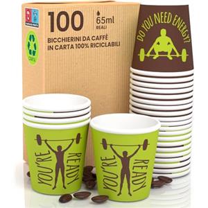 Eurocali 100 Bicchierini in Carta da caffè 65ml ReadyCUP Bicchieri Ecologici Biodegradabili Monouso Piccoli Asporto Bevande Calde