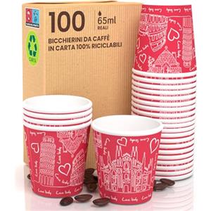 Eurocali 100 Bicchierini in Carta per caffè 65ml Italy Red Bicchieri Ecologici Biodegradabili Monouso Piccoli Asporto Bevande Calde