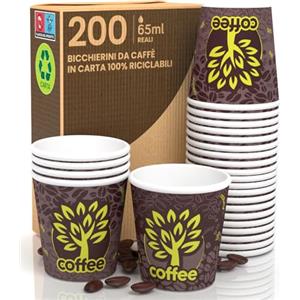 Baciato Caffè 200 Bicchierini in Carta da caffè 65ml Brown Forest Bicchieri Ecologici Biodegradabili Monouso Piccoli Asporto Bevande Calde