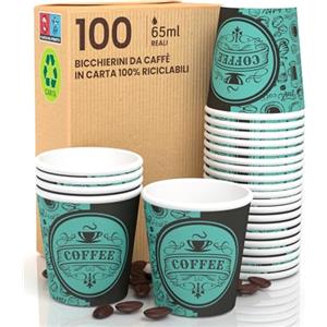 Eurocali 100 Bicchierini in Carta per caffè PubGreenCUP Bicchieri Ecologici Biodegradabili Monouso Piccoli Asporto Bevande Calde 65ml