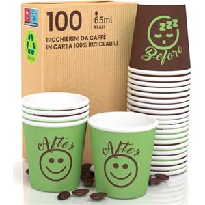 Eurocali 100 Bicchierini in Carta da caffè 65ml DownUP Green Bicchieri Ecologici Biodegradabili Monouso Piccoli Asporto Bevande Calde