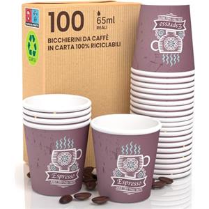 Eurocali 100 Bicchierini in Carta per caffè 65ml CuzcoBrownCUP Bicchieri Ecologici Biodegradabili Monouso Piccoli Asporto Bevande Calde