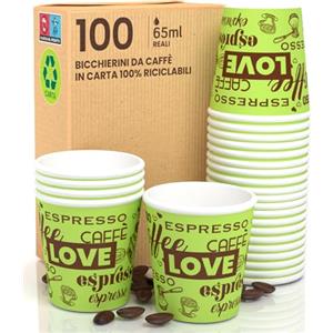 Eurocali 100 Bicchierini in Carta per caffè 65ml LoveGreenCUP Bicchieri Ecologici Biodegradabili Monouso Piccoli Asporto Bevande Calde