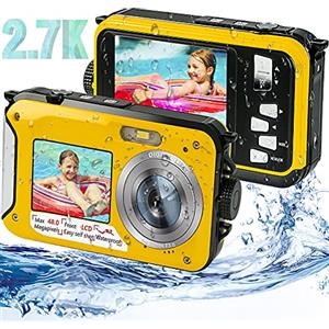 iSunFun Macchina Fotografica Subacquea 48 MP Fotocamera Subacquea Digitale Full HD 2.7K Fotocamera Digitale Subacquea con Doppio Schermo (Giallo)