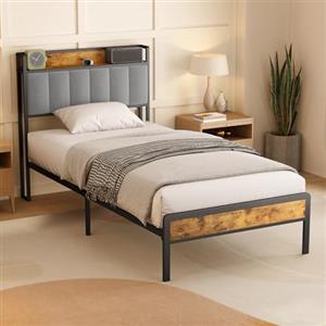 Bealife Letto imbottito 90x200cm, struttura letto in legno e metallo Piattaforma imbottita Letto matrimoniale con supporto testiera a doghe in legno (Grigio chiaro, 90x200cm)