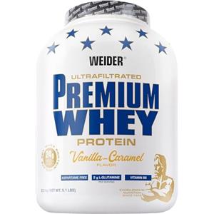 Weider Premium Whey Protein, Proteine in Polvere con Isolato di Siero di Latte per Massa Muscolare, Ricche di EAA, BCAA e L-Glutammina Libera, Ottima Solubilità, Vaniglia Caramel, 2.3 kg