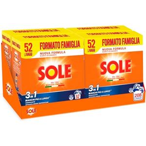 SOLE Bianco Splendente 52 Mis, Confezione da 4x2,6 kg, Detersivo in polvere con bicarbonato per bucato a mano e in lavatrice