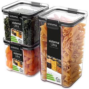 Sistema Ultra Tritan Contenitori ermetici per dispensa e cucina | 3 Contenitori per alimenti di plastica quadrati con coperchi (1 x 1,3 L + 2 x 700 ml) | Impilabili | Con clip | Privi di BPA