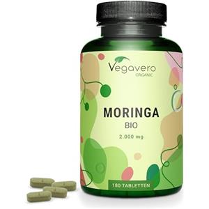 Vegavero Moringa Oleifera Biologica | 1.000 mg per compressa | con 2% di Glucosinolati | Superfood fonte di Proteine Vegane | Certificata in Laboratorio e Senza Additivi Artificiali | 180 compresse | Vegan