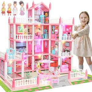 GirlDiary Casa delle Bambole Principessa 4 Piani, 11 Stanze con 4 Bambole, Accessori per Mobili e Luci LED - Giocattolo Educativo Regalo per Bambine 3-8 Anni
