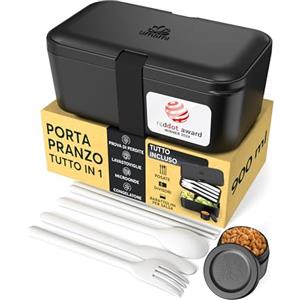 Umami Porta Pranzo Lunch Box Impilabile Con 4 Scomparti E Posate, Sicuro Per Microonde, Lavastoviglie, Portapranzo Ufficio, Bento Lunchbox Ermetico Per Adulti, Schiscetta Pranzo, Onyx, 900 ml