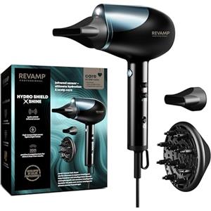REVAMP Hydro Shield X Shine Asciugacapelli - Professionale, getto ionico per volume e lucentezza, sensore di calore intelligente, motore da 1800 W, asciugatura rapida con diffusore e 2 concentratori