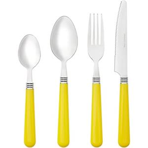 Baroni Home Set 24 pz Posate da Tavola in Acciaio Inox, Posate con Manico in Plastica per 6 Persone, Lavabili in Lavastoviglie, Forchetta, Coltello, Cucchiaio, Cucchiaio da The o Dolce, Giallo