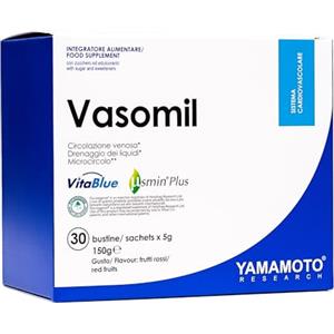 YAMAMOTO RESEARCH Vasomil 30 Bustine, Integratore Alimentare Drenante con Bromelina, Ippocastano, Pino Marittimo Pycnogenol e Mirtillo Blu, Supporta la Circolazione Venosa, Gusto Frutti Rossi