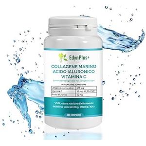EdynPlus+ Collagene e Acido Ialuronico Integratore Idrolizzato Marino per Capelli Pelle e Ossa Vitamina C 180 Compresse Alto Dosaggio Made in Italy