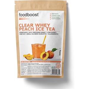 foodboost Clear Whey isolate gusto the alla pesca, shake proteico Senza Zucchero, proteine whey rinfrescanti, proteine isolate del siero del latte trasparenti e dissetanti