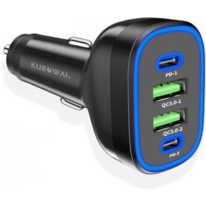 KUBOWAI Caricatore per Auto da 72 W, USB C, 4 Porte, 12 V, 24 V, Dual CHIP, Tipo PD, Ricarica Rapida, Adatto per iPhone 15/Samsung S24, ecc