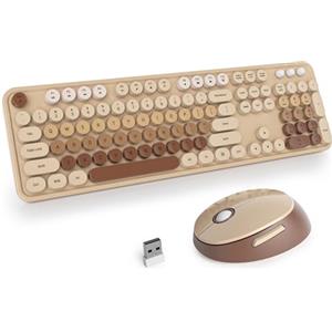 SOLIDEE Combo Tastiera e Mouse Wireless,tastiera macchina da scrivere retro,Tastiera per Computer con Tasti Rotondi 2.4GHz con Tastierino Numerico,Tastiera a 104 Tasti(Americana QWERTY)(Mixed Coffee)