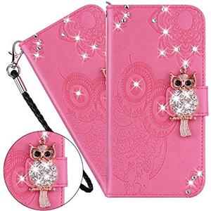 LEMAXELERS Redmi Note 9 Custodia Cover Portafoglio,Redmi Note 9 Custodia Rilievo Brillantini Diamond Gufo Wallet Shock-Absorption Magnetica Supporto Leather Flip Cover,YK Owl Pink